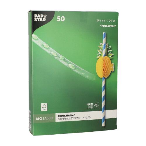 A green box with 50 paper straws (20 cm x Ø 6 mm) from PAPSTAR GmbH with striped straws and a yellow paper pineapple contains 50 biodegradable, eco-friendly straws.