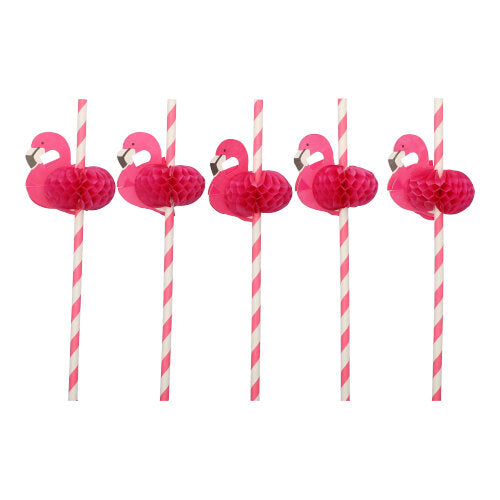 Five pink-white PAPSTAR 50 straws, paper Ø 6 mm · 20 cm from PAPSTAR GmbH with pink flamingo decor, arranged in a row. These eco-friendly paper straws are biodegradable.
