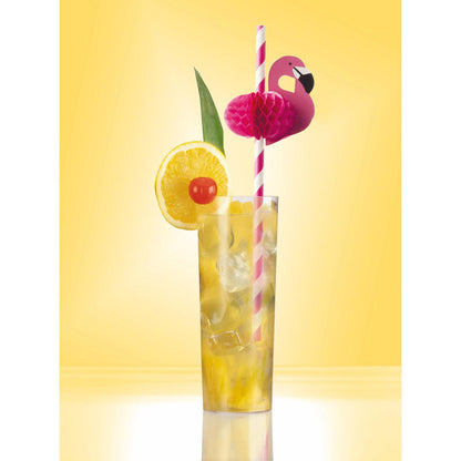 A tall glass with a yellow iced drink, garnished with a lemon slice, a cherry, a green leaf, and a pink striped PAPSTAR paper straw (6 mm x 20 cm) with a pink paper flamingo on a yellow background. Brand: PAPSTAR GmbH.