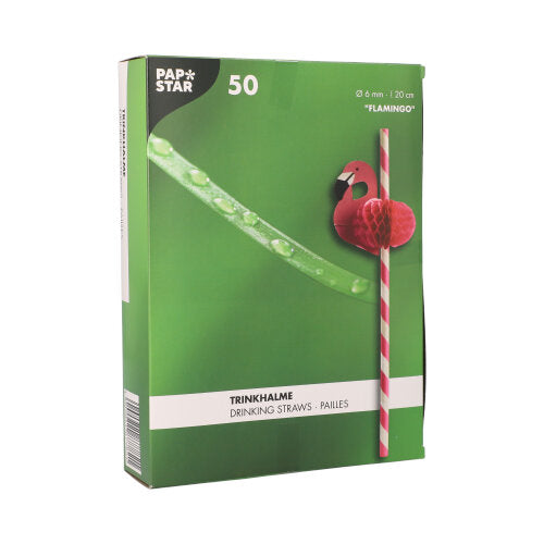A green box with the inscription "PAPSTAR 50 straws, paper Ø 6 mm · 20 cm" from PAPSTAR GmbH contains eco-friendly paper straws with pink-white stripes and a decorative flamingo, emphasizing the sustainable quality.