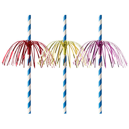 Three PAPSTAR paper straws (Ø 6 mm, 20 cm) with blue-white stripes and metallic fringes in red, yellow, and purple from PAPSTAR GmbH – biodegradable for sustainable quality.