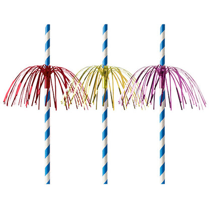 Three PAPSTAR paper straws (Ø 6 mm, 20 cm) with blue-white stripes and metallic fringes in red, yellow, and purple from PAPSTAR GmbH – biodegradable for sustainable quality.