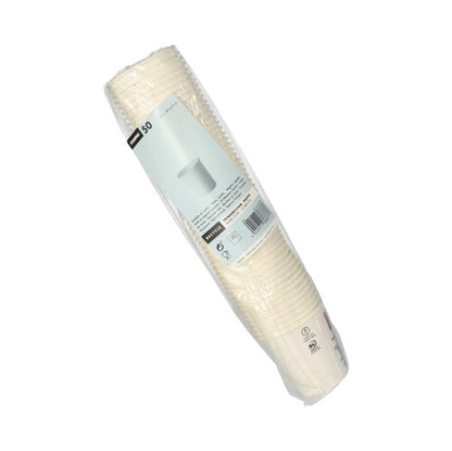 A shrink wrap with 50 white Starpak drinking cups for cold drinks made of paper (0.1 l, Ø 6.25 cm, 6.3 cm), labeled with product details – ideal for parties and events against a plain white background.