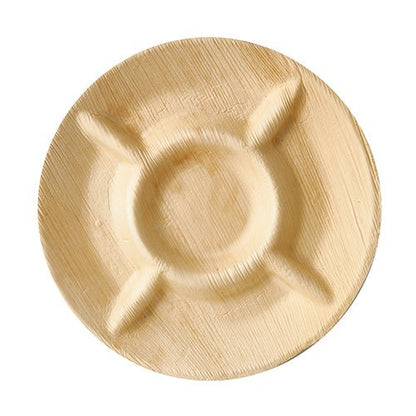 A round, light palm leaf ashtray from PAPSTAR GmbH made from environmentally friendly material with three grooves for cigarettes, top view on a white background. Product: PAPSTAR 6 plates, palm leaf "pure" 5-divided.