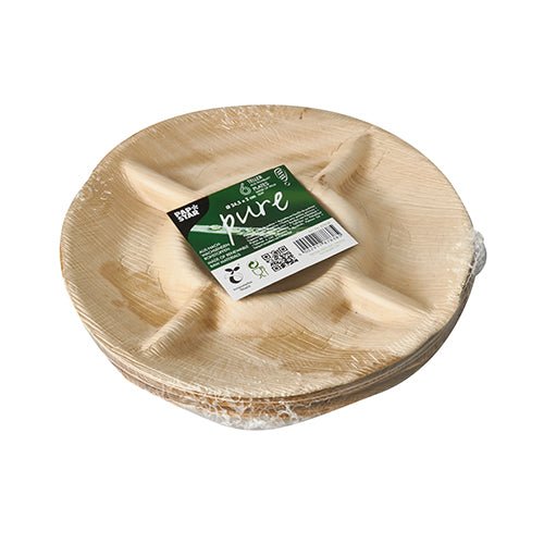 A stack of round, 5-divided disposable palm leaf plates – PAPSTAR 6 plates, palm leaf "pure" 5-divided from PAPSTAR GmbH – made of biodegradable material, wrapped in plastic and labeled with a green tag.