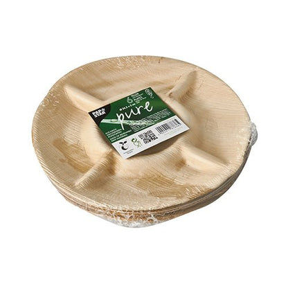 A stack of round, 5-divided disposable palm leaf plates – PAPSTAR 6 plates, palm leaf "pure" 5-divided from PAPSTAR GmbH – made of biodegradable material, wrapped in plastic and labeled with a green tag.