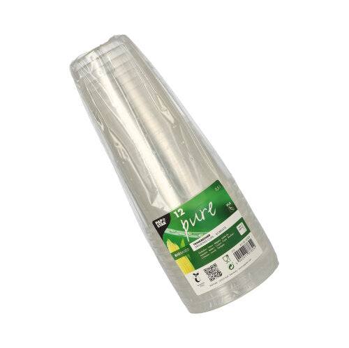 A 12-pack of PAPSTAR cold drink cups PLA "pure", crystal clear with foam rim, from PAPSTAR GmbH-biodegradable, ideal for cold drinks, stacked and packed in clear plastic with green-white info and recycling label.