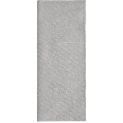 The Starpak 100 cutlery pouches, airlaid 40 cm x 48 cm with cutlery fold, are light gray, folded in thirds rectangular napkins with a top fold - ideal for elegant table decoration or as stylish cutlery pouches.