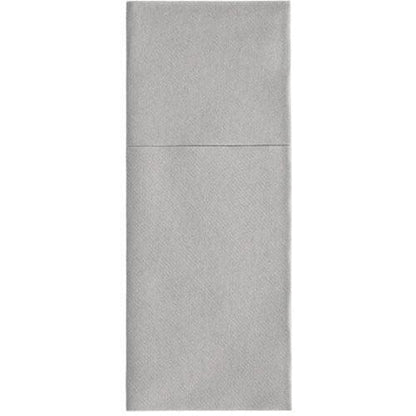 The Starpak 100 cutlery pouches, airlaid 40 cm x 48 cm with cutlery fold, are light gray, folded in thirds rectangular napkins with a top fold - ideal for elegant table decoration or as stylish cutlery pouches.