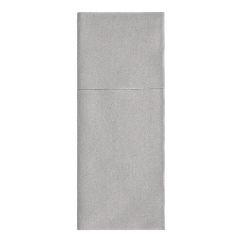 The Starpak 100 cutlery pouch napkin made of smooth, plain airlaid material (40 x 48 cm) is neatly folded lengthwise and features a vertical fold for cutlery. It presents itself in plain light gray.