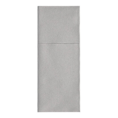 The Starpak 100 cutlery pouch napkin made of smooth, plain airlaid material (40 x 48 cm) is neatly folded lengthwise and features a vertical fold for cutlery. It presents itself in plain light gray.