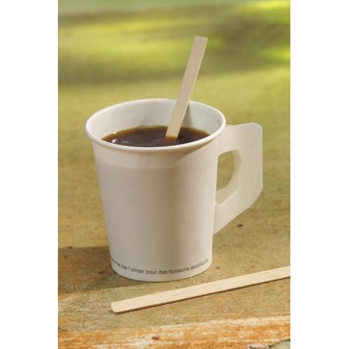 A white paper cup with a dark drink and a PAPSTAR wooden stir stick "pure" (11 cm, environmentally friendly and stable) from PAPSTAR GmbH inside and another next to it show environmentally friendly coffee break options.