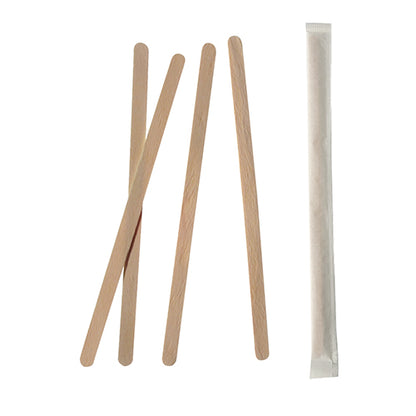 Five PAPSTAR 1000 wooden stir sticks "pure" from PAPSTAR GmbH are visible: Four loose, one individually wrapped in white paper – all arranged on a plain white background.