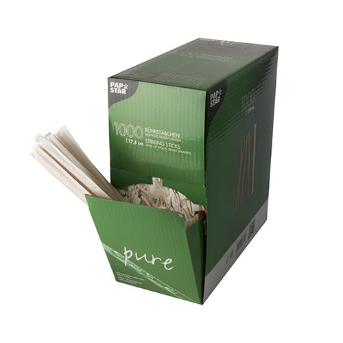 A green-white box from PAPSTAR GmbH with the inscription "PAPSTAR 1000 wooden stir sticks, "pure", individually wrapped" with several environmentally friendly wooden stir sticks, some of which are pulled out from the open front side; the packaging shows multilingual text.