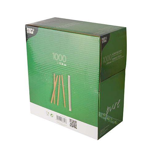In a green-white carton from "PAPSTAR GmbH" with the inscription "PAPSTAR 1000 wooden stir sticks, "pure", individually wrapped" are 1,000 wooden stir sticks (à 17.8 cm), on the front side four are depicted along with a QR code and recycling symbols.