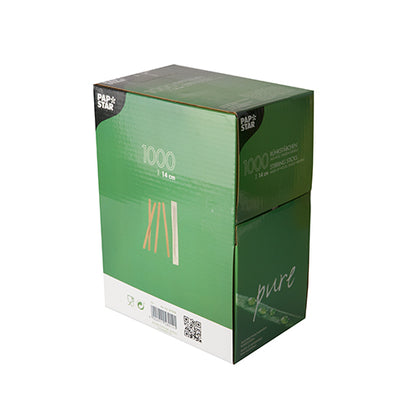 A green-white box from PAPSTAR GmbH contains 1,000 environmentally friendly, hygienic, individually wrapped 14 cm wooden stir sticks "pure", with product info and QR code on the front.