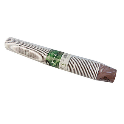 A transparent, plastic-wrapped bundle contains stacked white PAPSTAR 80 paper cups 'Pure Joy' by PAPSTAR GmbH, with a brown interior and green label, combining eco-friendliness and modern design.