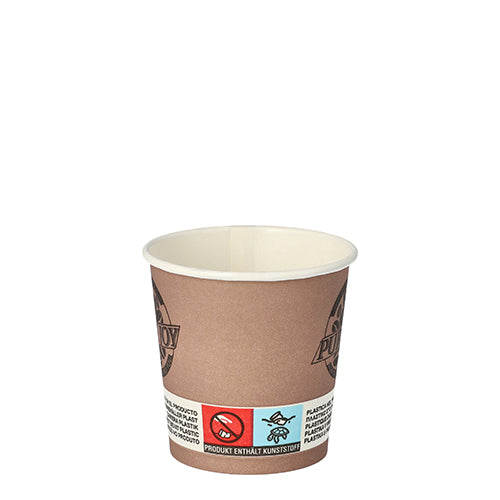 A brown, eco-friendly PAPSTAR 80 paper cup 'Pure Joy' by PAPSTAR GmbH with white interior stands upright; Near the lower edge is a label with warning symbols and text against a white background.