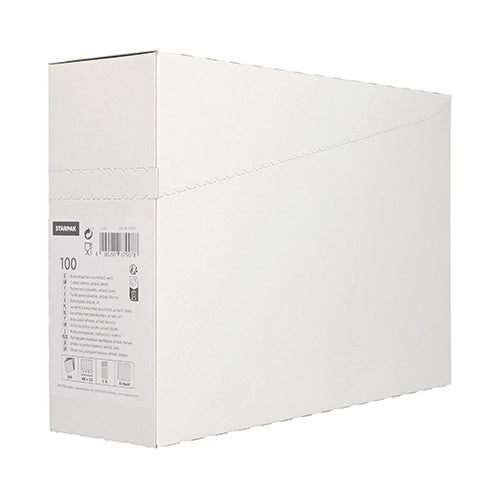 A simple, white, rectangular Starpak box with a side label containing product details and barcodes, ideal for restaurants to store 100 Starpak cutlery pouches, Airlaid 40 cm x 33 cm with cutlery fold. Minimal text and no visible branding on the larger side.