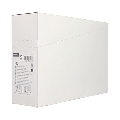 A simple, white, rectangular Starpak box with a side label containing product details and barcodes, ideal for restaurants to store 100 Starpak cutlery pouches, Airlaid 40 cm x 33 cm with cutlery fold. Minimal text and no visible branding on the larger side.