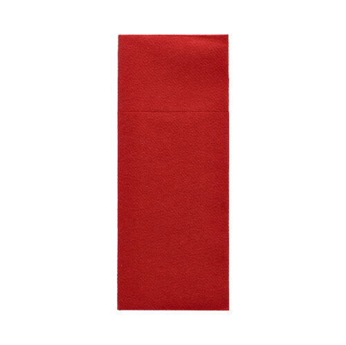 Pictured is a Starpak 100 cutlery pouch Airlaid envelope (40 x 33 cm, with cutlery fold) in a simple red, rectangular shape on a white background. The flap is not visible.