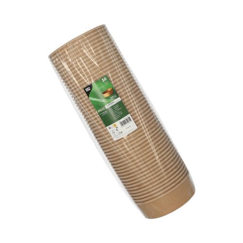 A sealed plastic package contains a stack of brown round PAPSTAR 50 salad bowls made of cardboard with PLA coating. The bowls are biodegradable and feature a green and white label on the front from PAPSTAR GmbH.