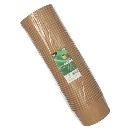 A plastic-packaged stack with 50 PAPSTAR salad bowls, round and brown, made of biodegradable cardboard with optional PLA coating for more sustainability, from PAPSTAR GmbH.