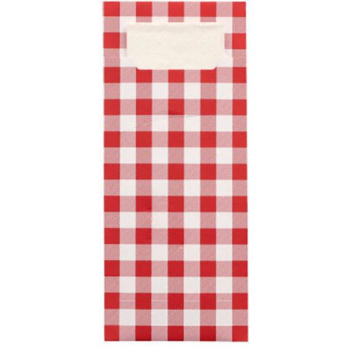 The PAPSTAR 520 cutlery bags from PAPSTAR GmbH are 20 x 8.5 cm cutlery bags with a red-white checkered pattern, a white label at the top, and an integrated, matching 2-ply napkin (33 x 33 cm) for practical use.