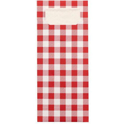 The PAPSTAR 520 cutlery bags from PAPSTAR GmbH are 20 x 8.5 cm cutlery bags with a red-white checkered pattern, a white label at the top, and an integrated, matching 2-ply napkin (33 x 33 cm) for practical use.