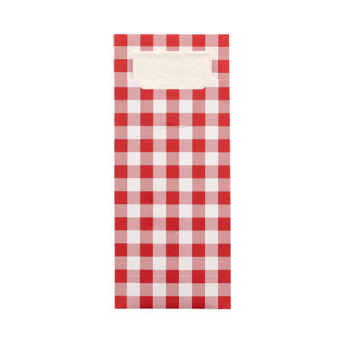 The PAPSTAR 520 cutlery bags (20 x 8.5 cm) from PAPSTAR GmbH made of 2-ply material feature a red-white checkered design, a white label area at the top, and a handle cutout above the label with a matching napkin.