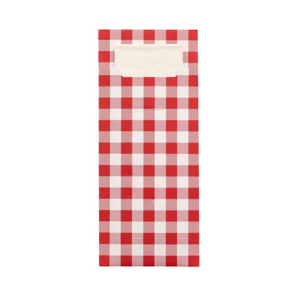 The PAPSTAR 520 cutlery bags (20 x 8.5 cm) from PAPSTAR GmbH made of 2-ply material feature a red-white checkered design, a white label area at the top, and a handle cutout above the label with a matching napkin.