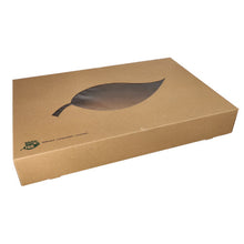 A flat, rectangular PAPSTAR transport and catering box made of brown cardboard with a PLA window, large black leaf motif and '100% FAIR' print on the lower left; environmentally friendly and photographed against a white background.