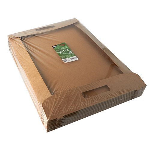A stack of PAPSTAR 10 carrying trays, cardboard "pure" brown from PAPSTAR GmbH, with handles, wrapped in foil. A green-white label on the top highlights the environmentally friendly design.