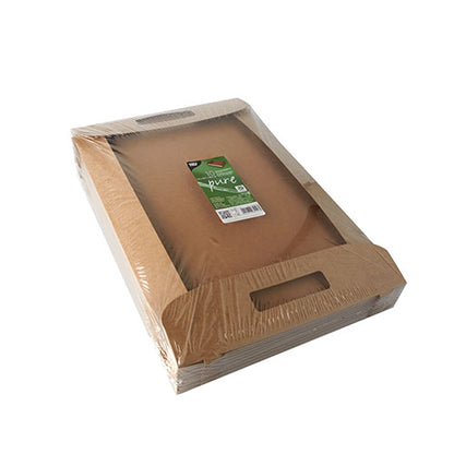 A stack of PAPSTAR 10 carrying trays made of brown, biodegradable cardboard ("pure") from PAPSTAR GmbH, shrink-wrapped in clear plastic film and provided with a green-white label.