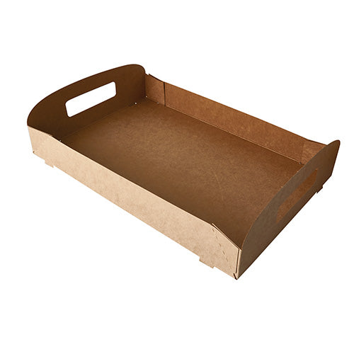 The PAPSTAR 10 carrying trays, cardboard "pure" brown from PAPSTAR GmbH are rectangular brown cardboard trays with raised sides and cut-out handles – perfect for the needs of environmentally friendly gastronomy.