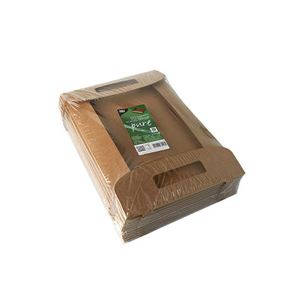A stack of PAPSTAR 10 carrying trays, cardboard "pure" brown from PAPSTAR GmbH, rectangular and environmentally friendly with handles in clear plastic packaging; the green-white label on top – ideal for gastronomy.