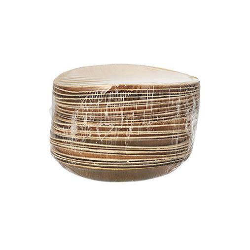 A box with 25 PAPSTAR plates made of palm leaf "pure", round (Ø 18.5 cm), sustainable and biodegradable, from PAPSTAR GmbH is depicted in transparent packaging against a white background.