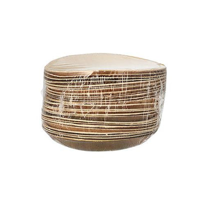 A box with 25 PAPSTAR plates made of palm leaf "pure", round (Ø 18.5 cm), sustainable and biodegradable, from PAPSTAR GmbH is depicted in transparent packaging against a white background.