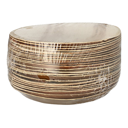 A stack of round, brown PAPSTAR plates made of palm leaf "pure" (Ø 23 cm, 25 pieces) is wrapped in clear foil against a white background. These environmentally friendly bowls from PAPSTAR GmbH are biodegradable and ideal as disposable plates.
