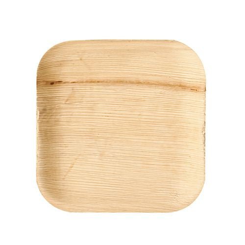 The PAPSTAR plate made of palm leaf "pure", square (18x18 cm), environmentally friendly, by PAPSTAR GmbH, features visible grain and rounded corners on a white background; 25 pieces in the box.