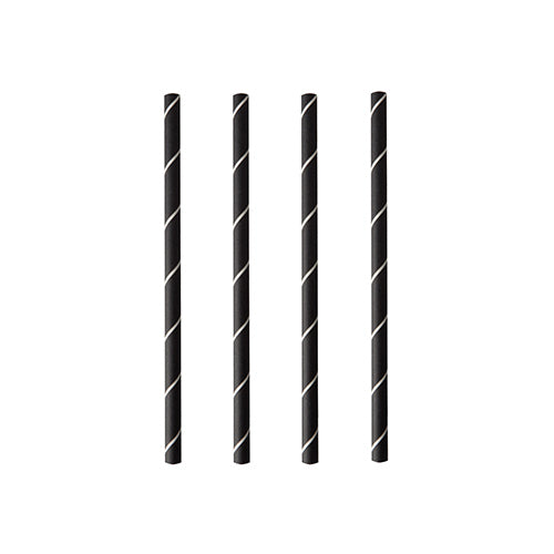 Four PAPSTAR cocktail straws 7 mm, black/white "Stripes" (foil, 15 cm), of the brand PAPSTAR GmbH, are arranged vertically and evenly on a white background.