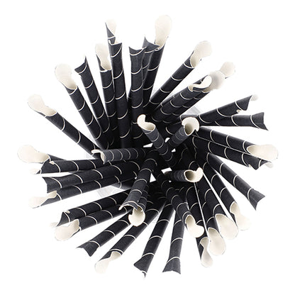 A top view of the PAPSTAR 100 straws with spoons from PAPSTAR GmbH - black paper straws with white spirals, Ø 8 mm and 20 cm, circularly bundled with the opening facing upwards.