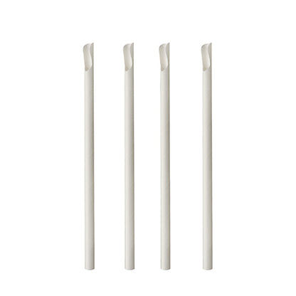 Four white PAPSTAR straws with spoon attachment made of paper (20 cm, Ø 8 mm, 100 pieces) stand upright in a row against a white background; each straw has a slanted cut at the tip.