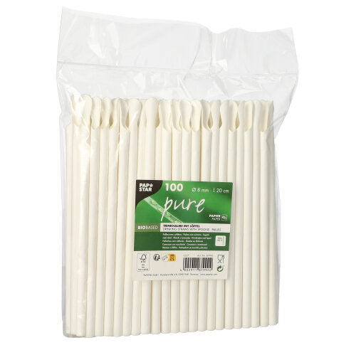 A transparent plastic packaging contains 100 PAPSTAR GmbH "pure" straws made of paper with a spoon, each white, 20 cm long and 8 mm in diameter. The label on the front shows the product name, quantity, specifications, and branding of PAPSTAR GmbH.