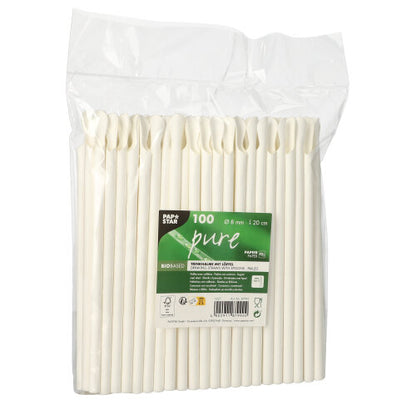 A transparent plastic packaging contains 100 PAPSTAR GmbH "pure" straws made of paper with a spoon, each white, 20 cm long and 8 mm in diameter. The label on the front shows the product name, quantity, specifications, and branding of PAPSTAR GmbH.