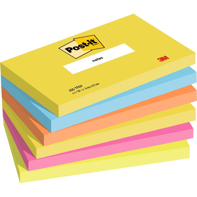 A stack of six rectangular Post-it® Notes, Energetic Collection (76 mm x 127 mm, 100 sheets/block), by 3M Deutschland GmbH. Contains various colors and displays the Post-it and 3M logo on the top block. 100% PEFC certified.
