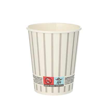 The PAPSTAR 20 drinking cup, cardboard 0.2 l Ø 8 cm from PAPSTAR GmbH is an environmentally friendly disposable cup with vertical beige-white stripes, a multilingual label in the bottom area and stands empty on a white background.
