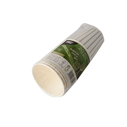 A stack of 20 drinking cups, cardboard 0.2 l Ø 8 cm from PAPSTAR GmbH is wrapped in plastic and carries a green label with product information and environmental symbols on a white background.