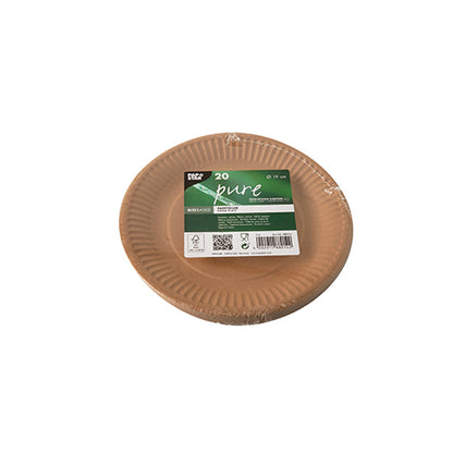 A pack of 20 round PAPSTAR "pure" disposable plates, made from sustainable materials by PAPSTAR GmbH. Brown with a green-white label, perfect for daily use and packaged in plastic.