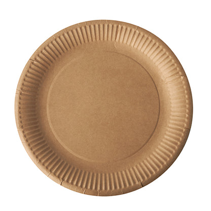 The PAPSTAR 20 plates, cardboard "pure" round by PAPSTAR GmbH is a simple, round brown cardboard plate with a slightly raised, ribbed edge, made from sustainable materials and ideal for daily use, depicted on a white background.